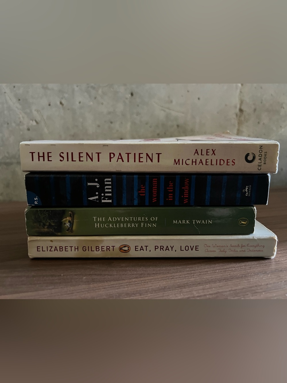 Silent Patient, The Woman in the Window, Huckleberry Finn, Eat Pray Love